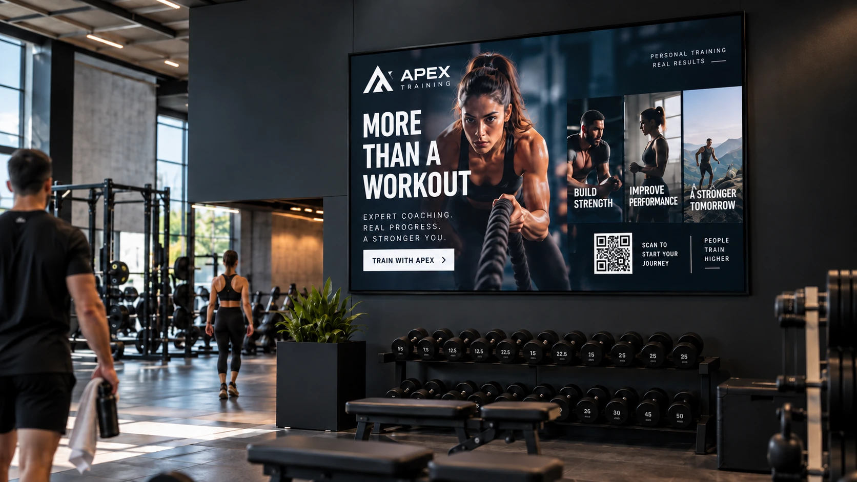 Apex Training digital advertising screen with QR code in a modern gym