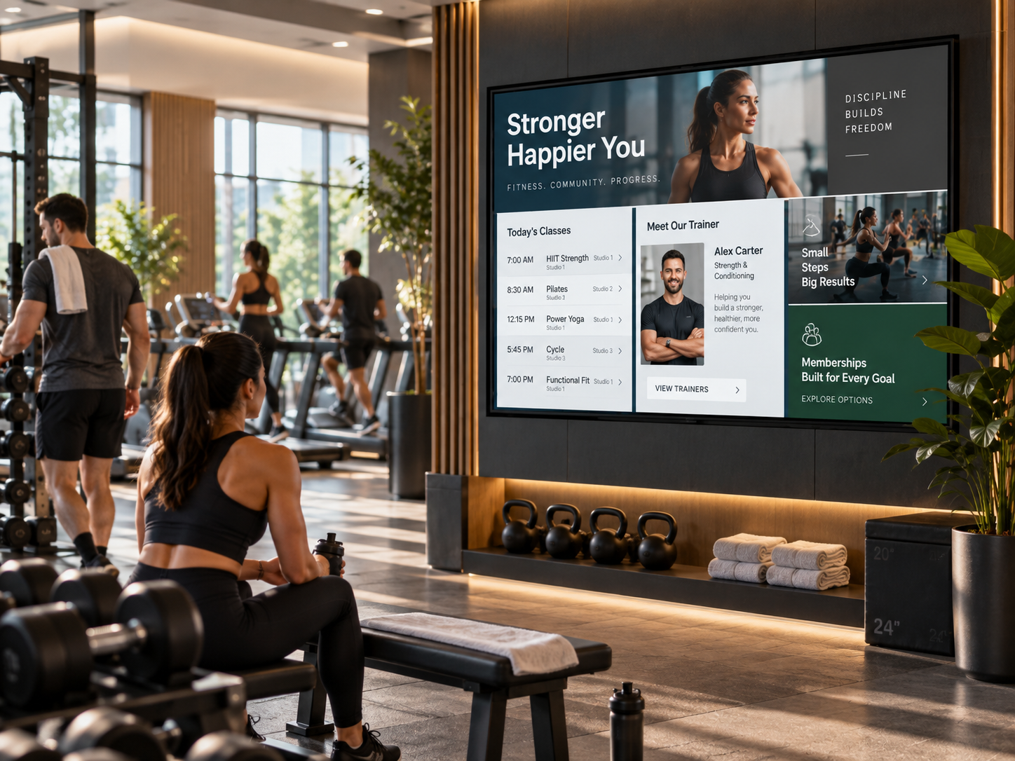 Modern gym with a digital display showing classes, trainer information and membership content