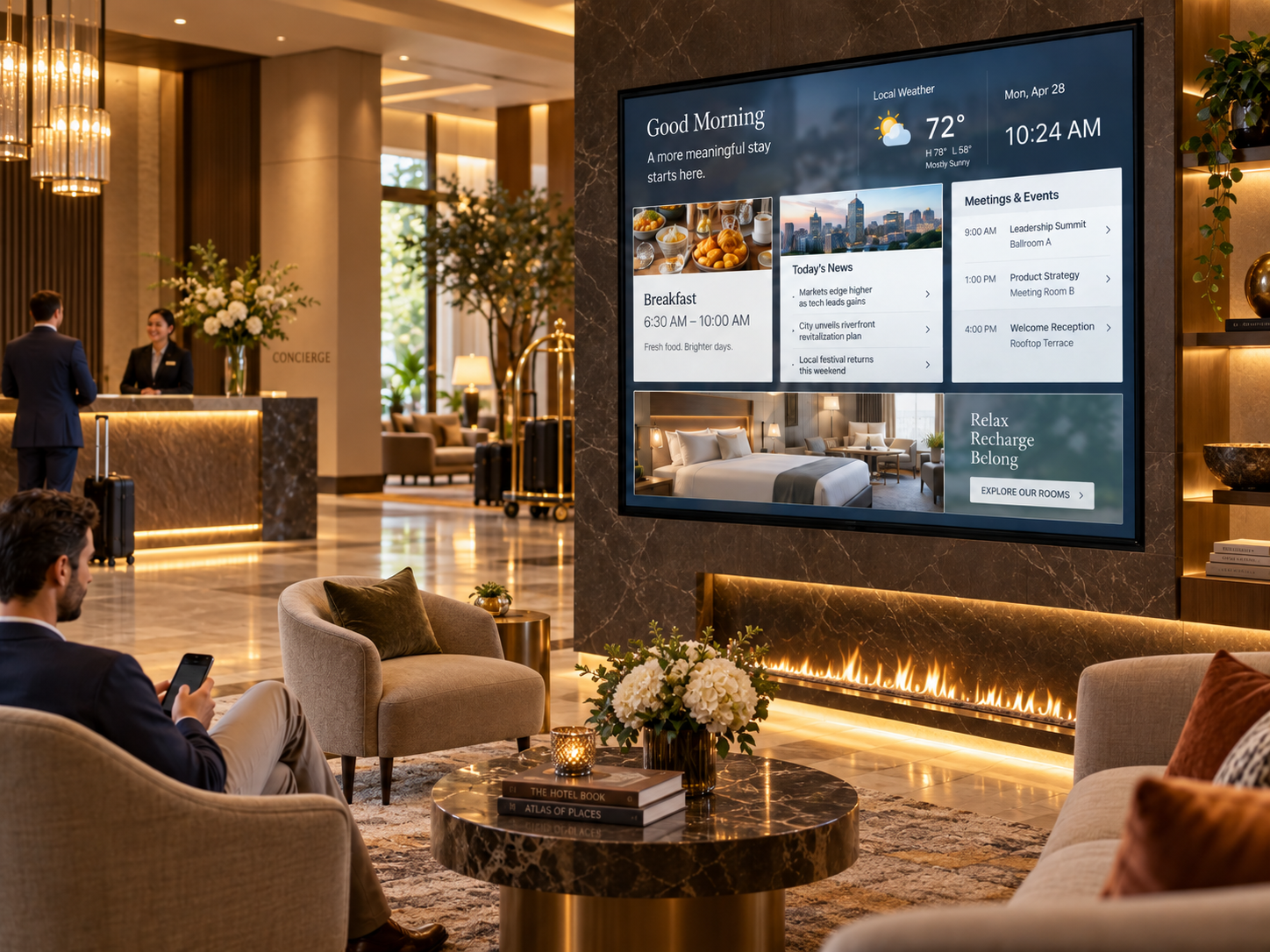 Hotel lobby with a large digital information screen showing weather, news, meetings and guest room content