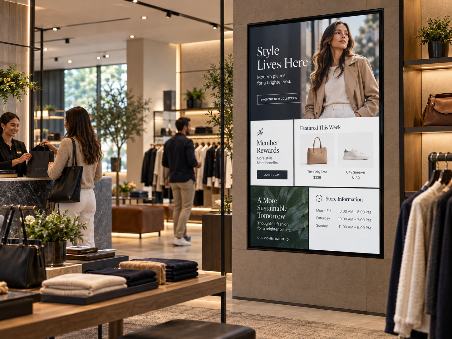 Premium fashion retail store with a digital display showing a collection, member rewards and store information