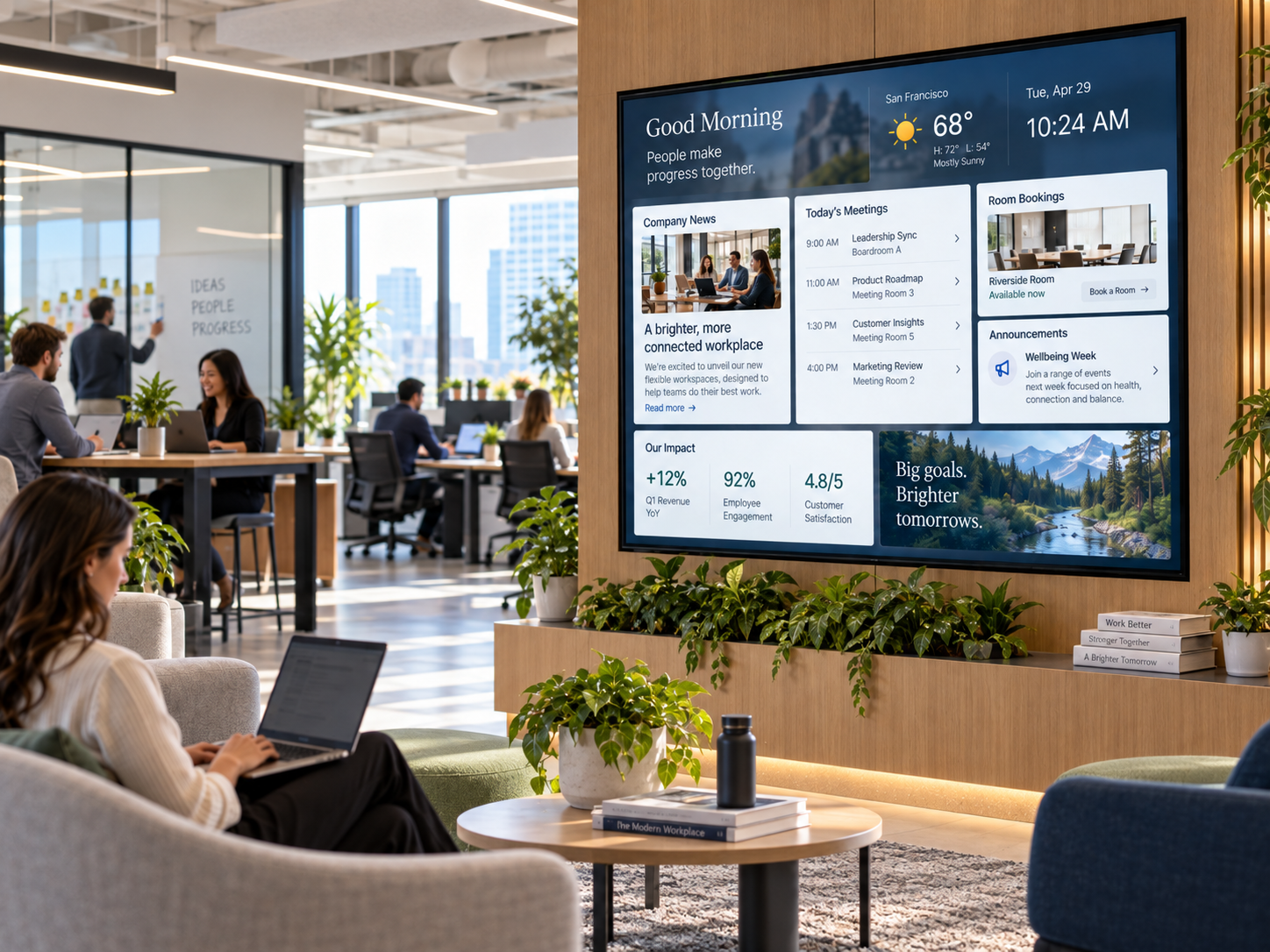 Modern collaborative office with a large digital workplace dashboard showing company news, meetings and room bookings